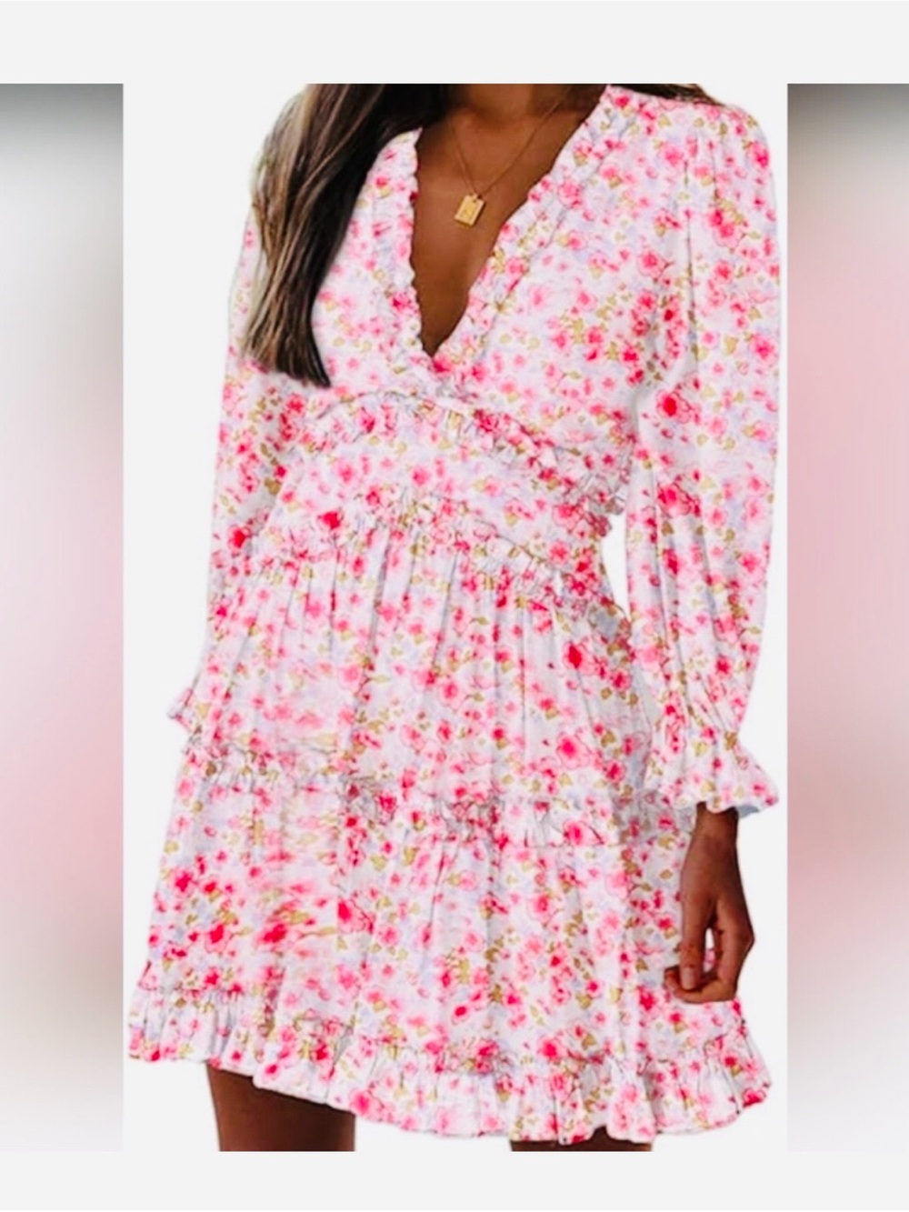 Boho. Feminine Pink floral Deep V Neck Ruffle Long Sleeve Dress. Size XL